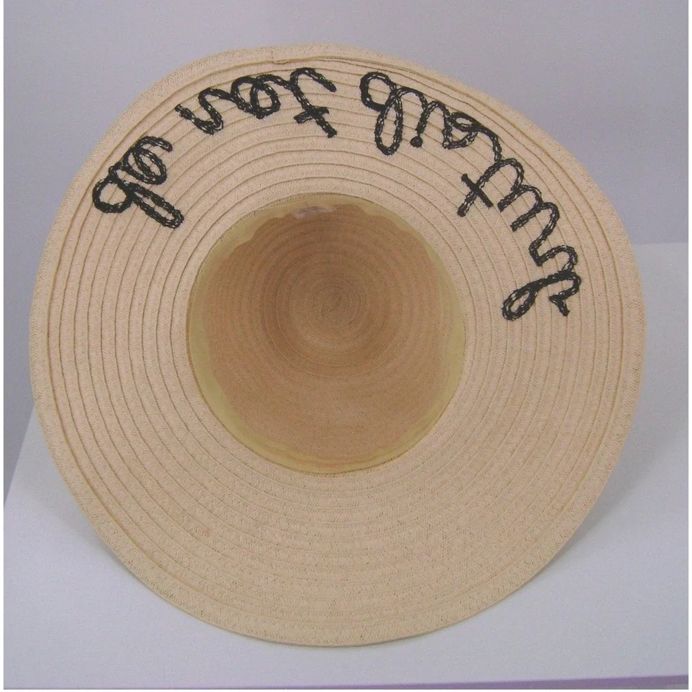 Women's Do Not Disturb Straw Floppy Sun Hat Tan Black Ribbon Wide Brim Beach